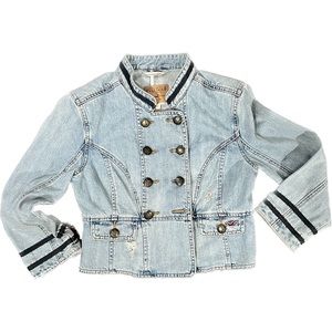 Vintage Military Style Distressed Denim Hollister Jacket w/ Accent Piping Sz M